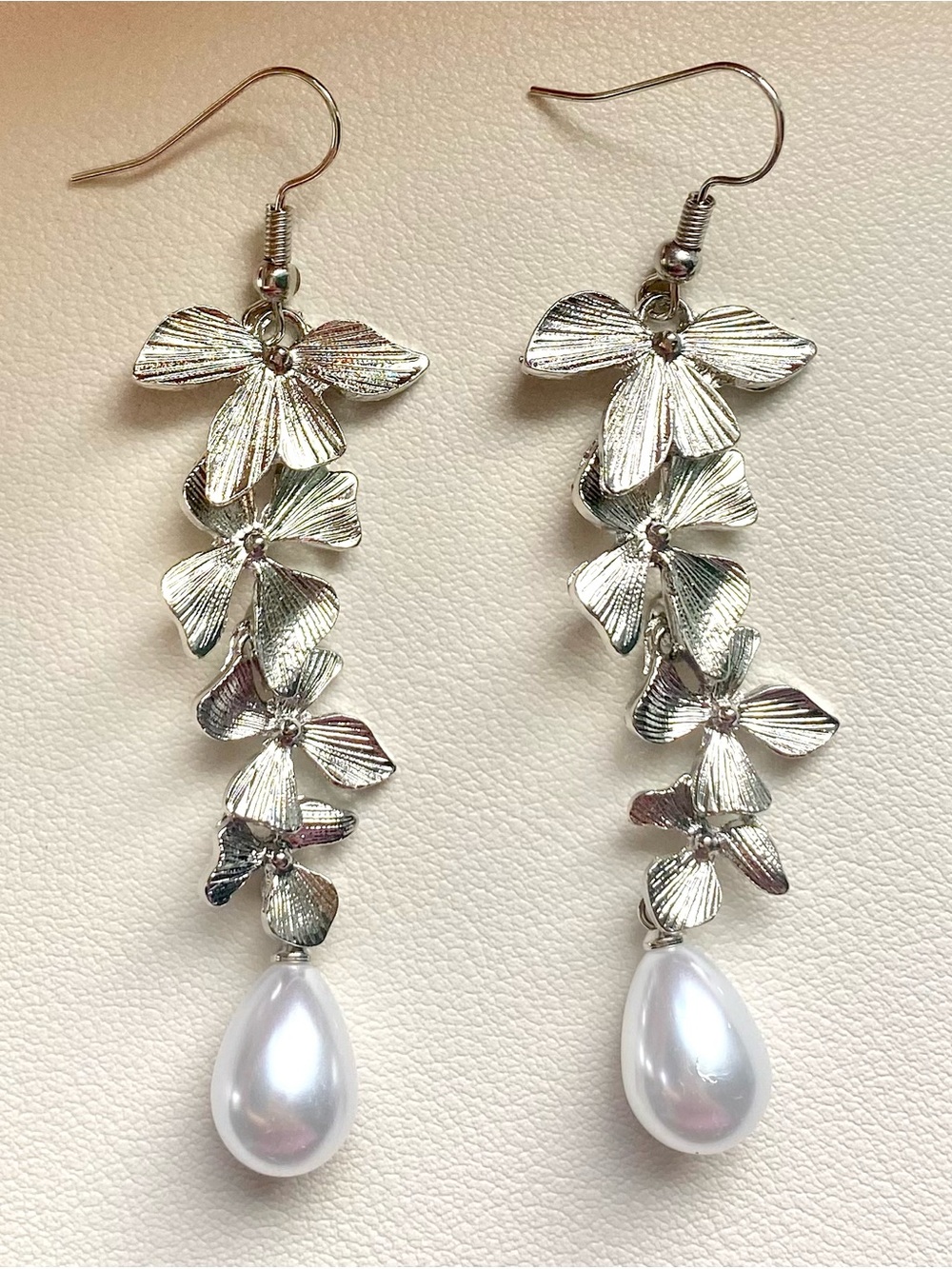 Silver orchid earrings with pearl drop